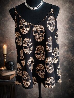 Leopard Skull Satin Cami Slip - Black/Tan